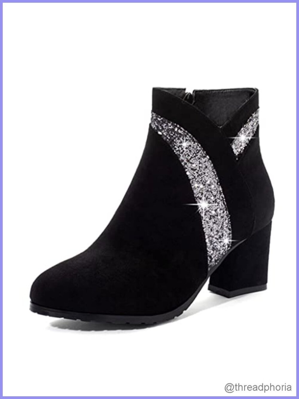 Glitter Ankle Boots Round Toe Side Zipper Chunky High Heel Dress Short Booties
